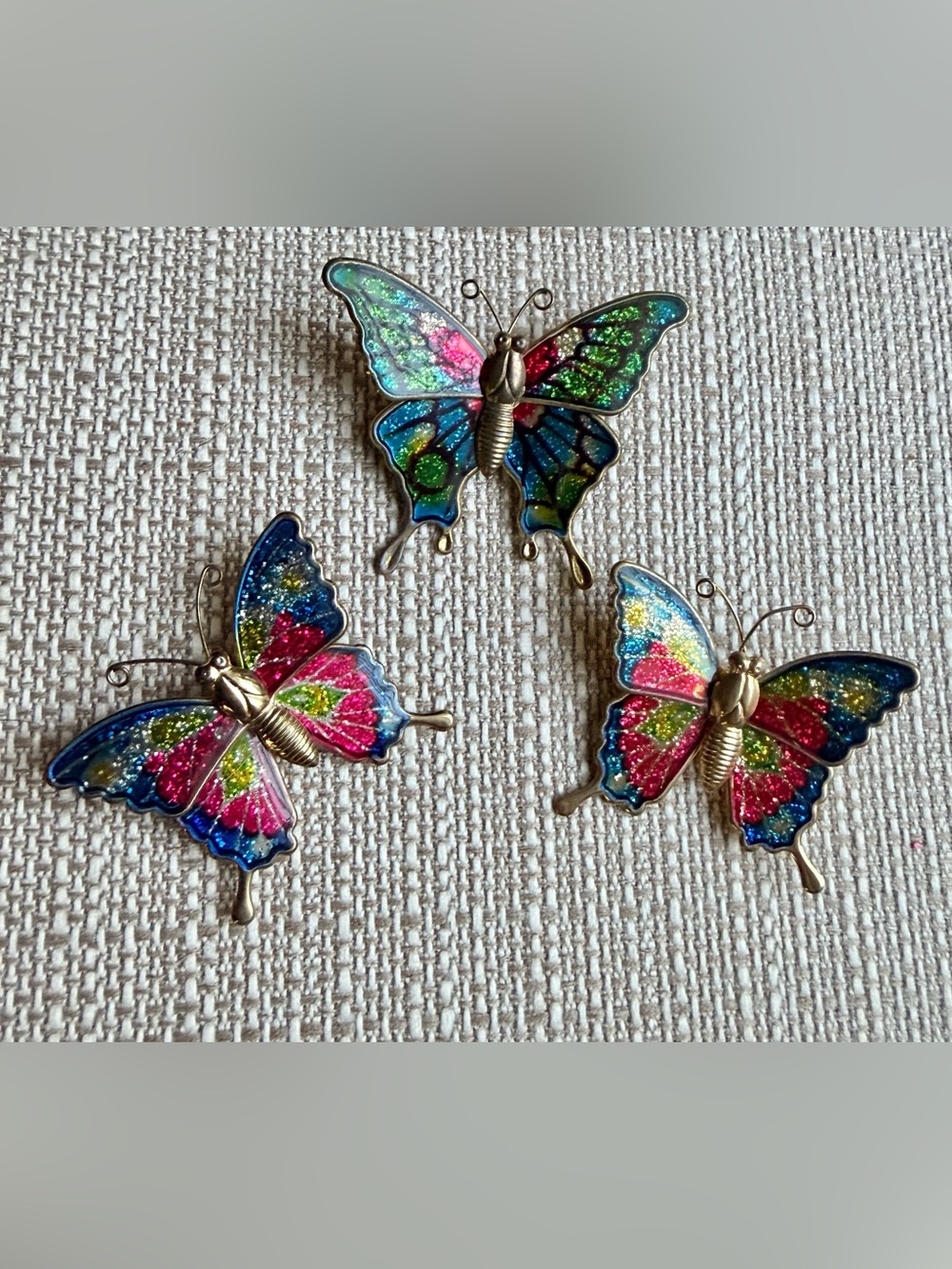 Set of 3 Colorful Glitter Butterfly Pins Brooches w/bronze color metal backs